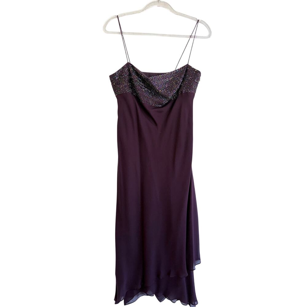 Vintage Jones New York Dress Size 8 Plum Silk Beaded Y2K Midi Evening Gown